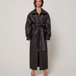 Elegant Black Faux Leather Trench Coat